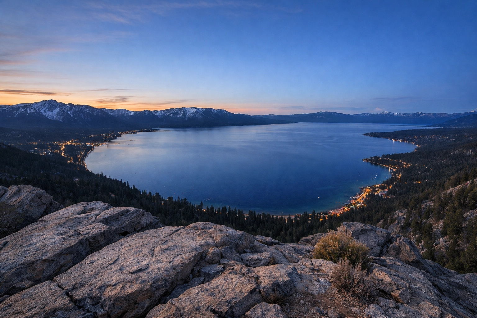 Panoramic sunset view from Cave Rock overlooking South Lake Tahoe and the silhouette of the Sierra Nevada mountain range.