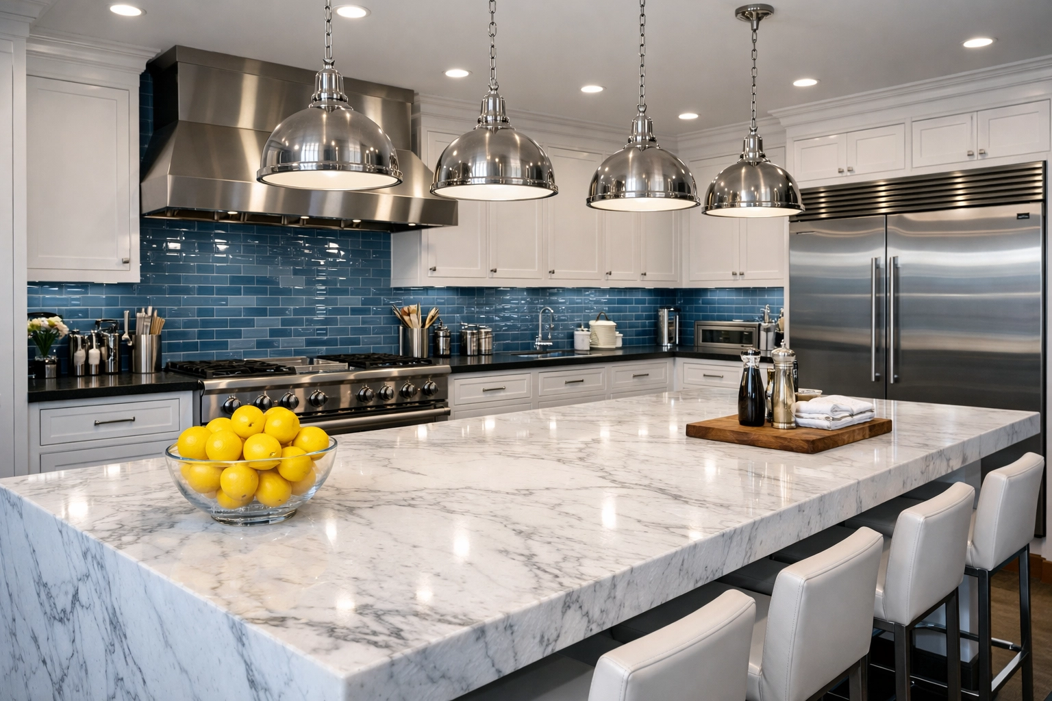 Sanitized luxury kitchen in Westford with gleaming stainless steel and a clean marble island.