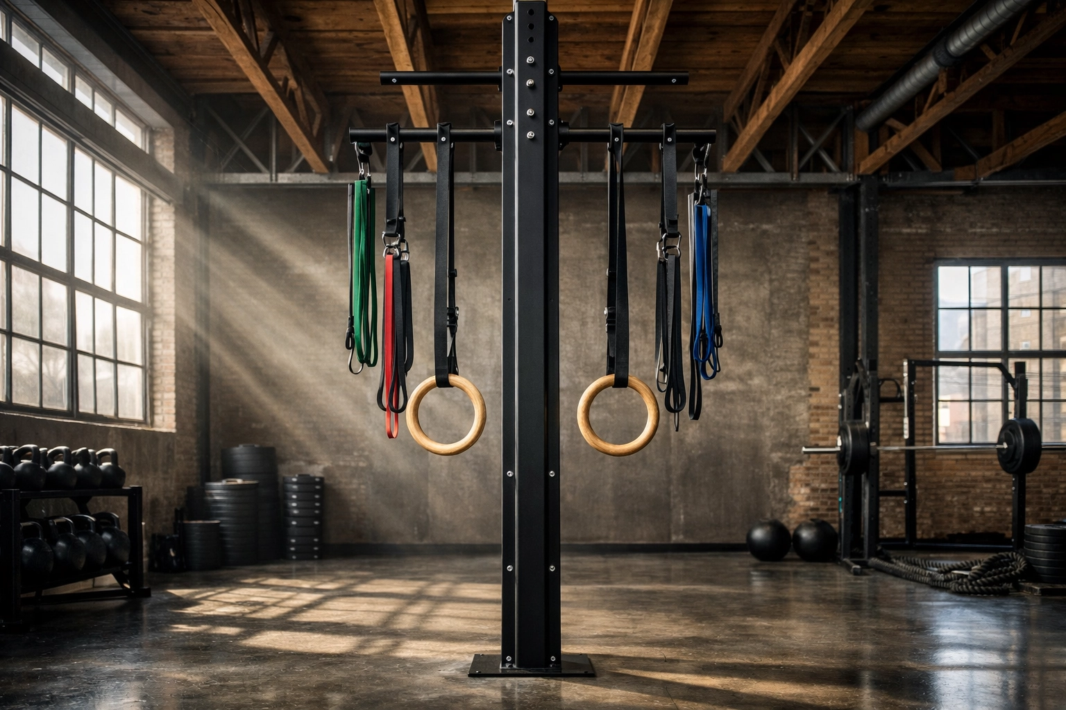 Floor to ceiling gym system with resistance bands in a modern industrial home gym setup.