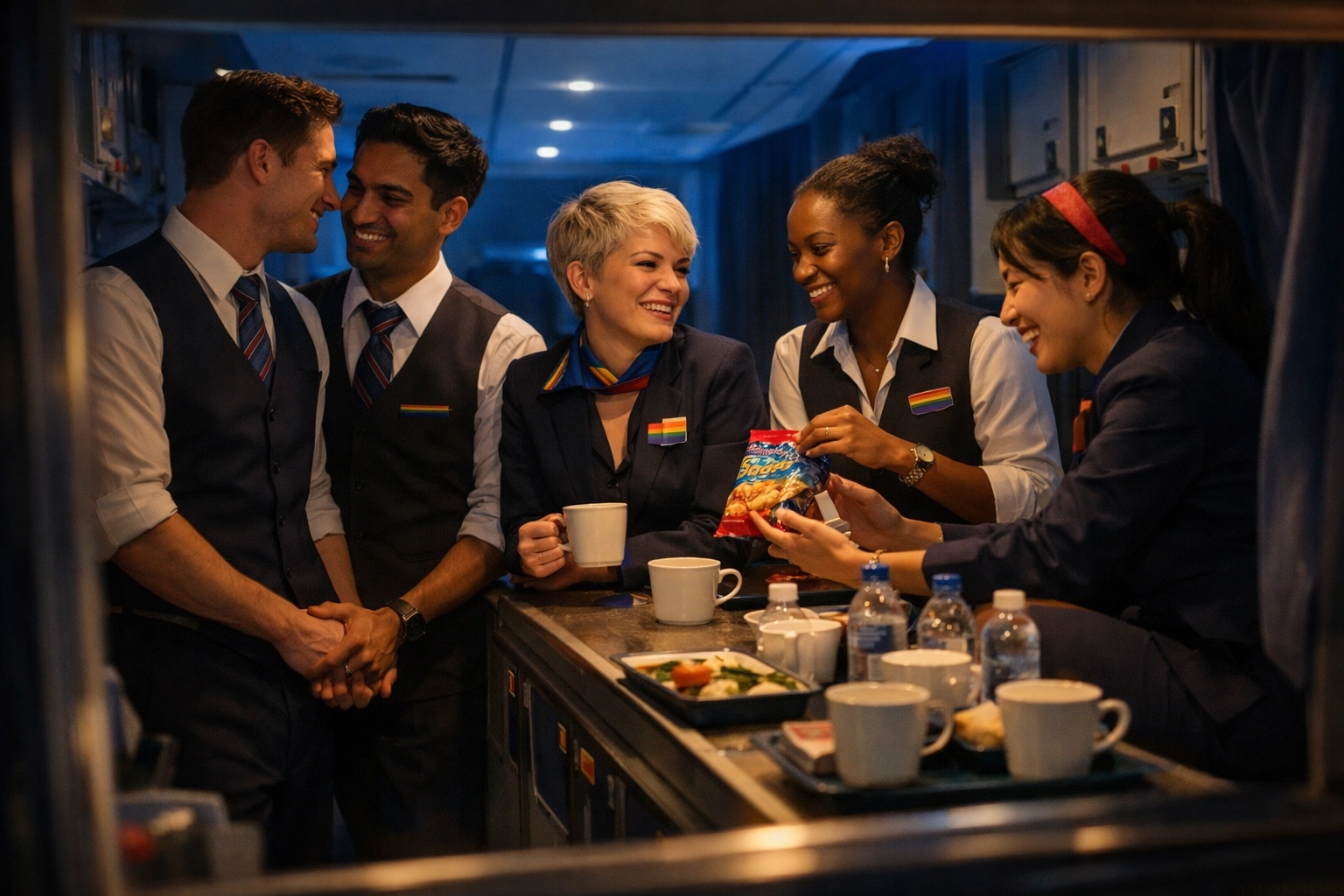 LGBTQ+ flight crew bonding together in airplane galley during night flight
