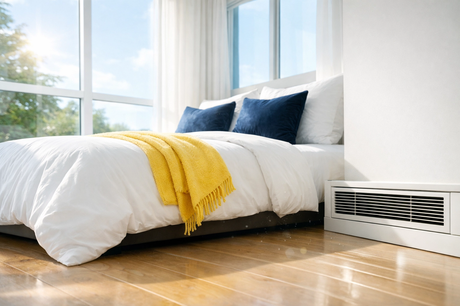 Sunlight hitting a clean bedroom radiator to illustrate improved indoor air quality.