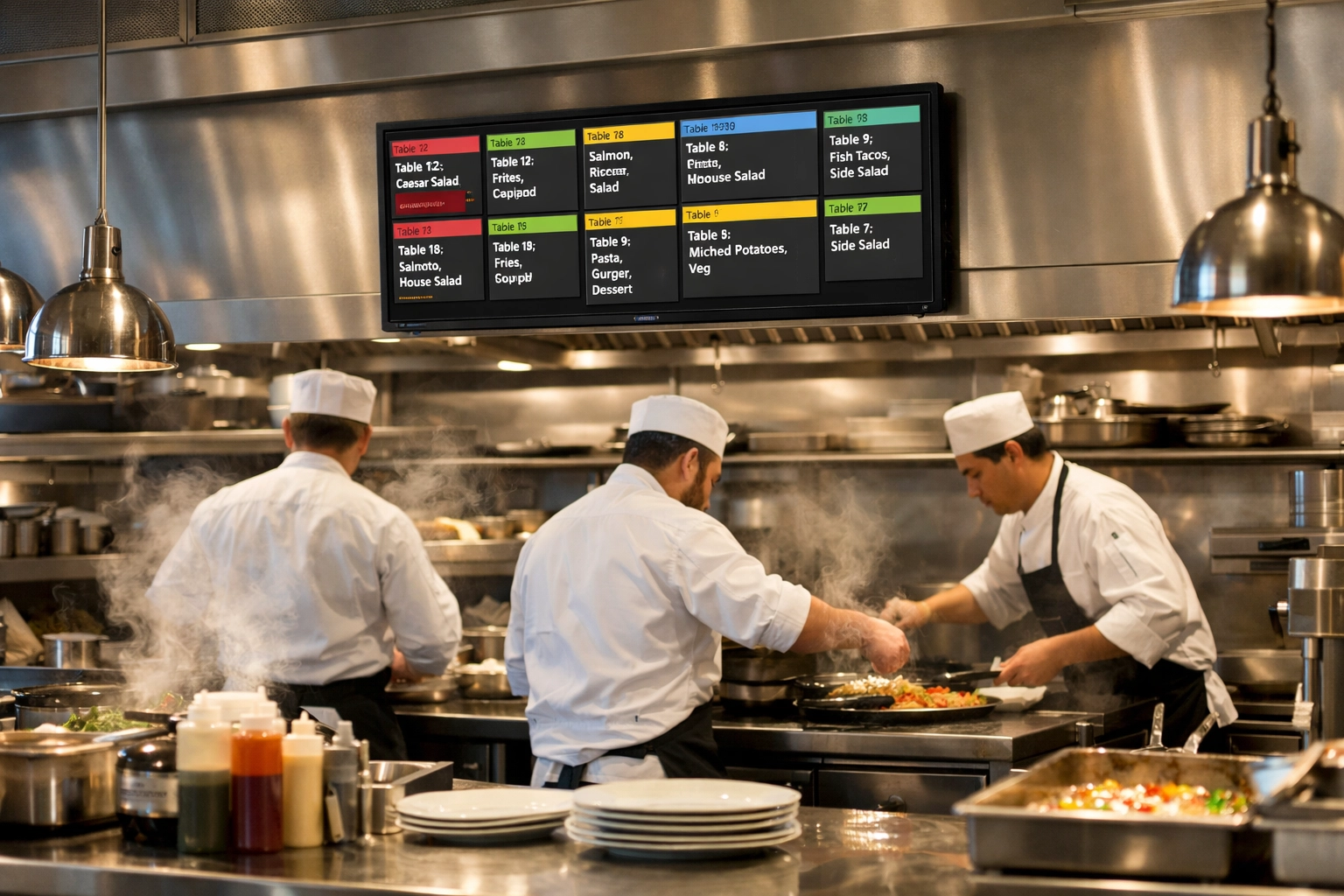 Kitchen display system showing order tickets in restaurant kitchen during service