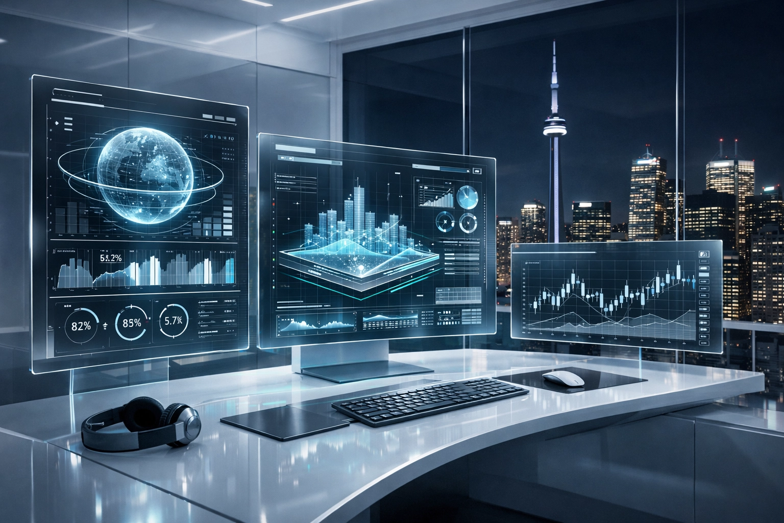 High-performance digital interface overlooking the Toronto financial district representing custom web design.