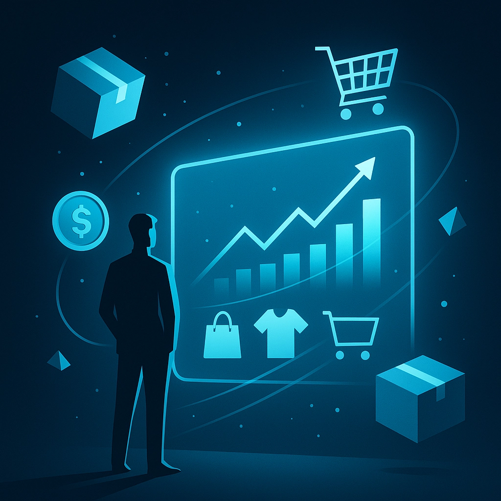 Investor analyzing glowing e-commerce sales charts and consumer goods symbols, highlighting ecommerce investment opportunities.