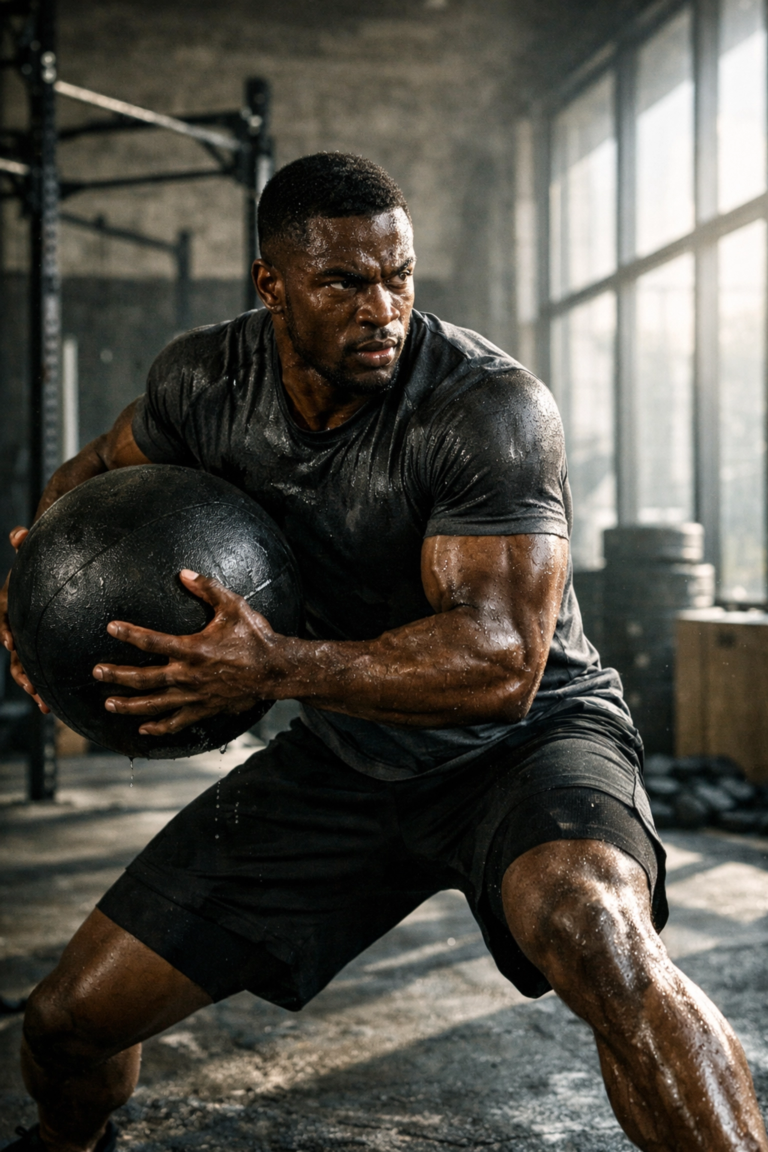 Football athlete training with a medicine ball, highlighting authentic NIL sports media marketing strategies.