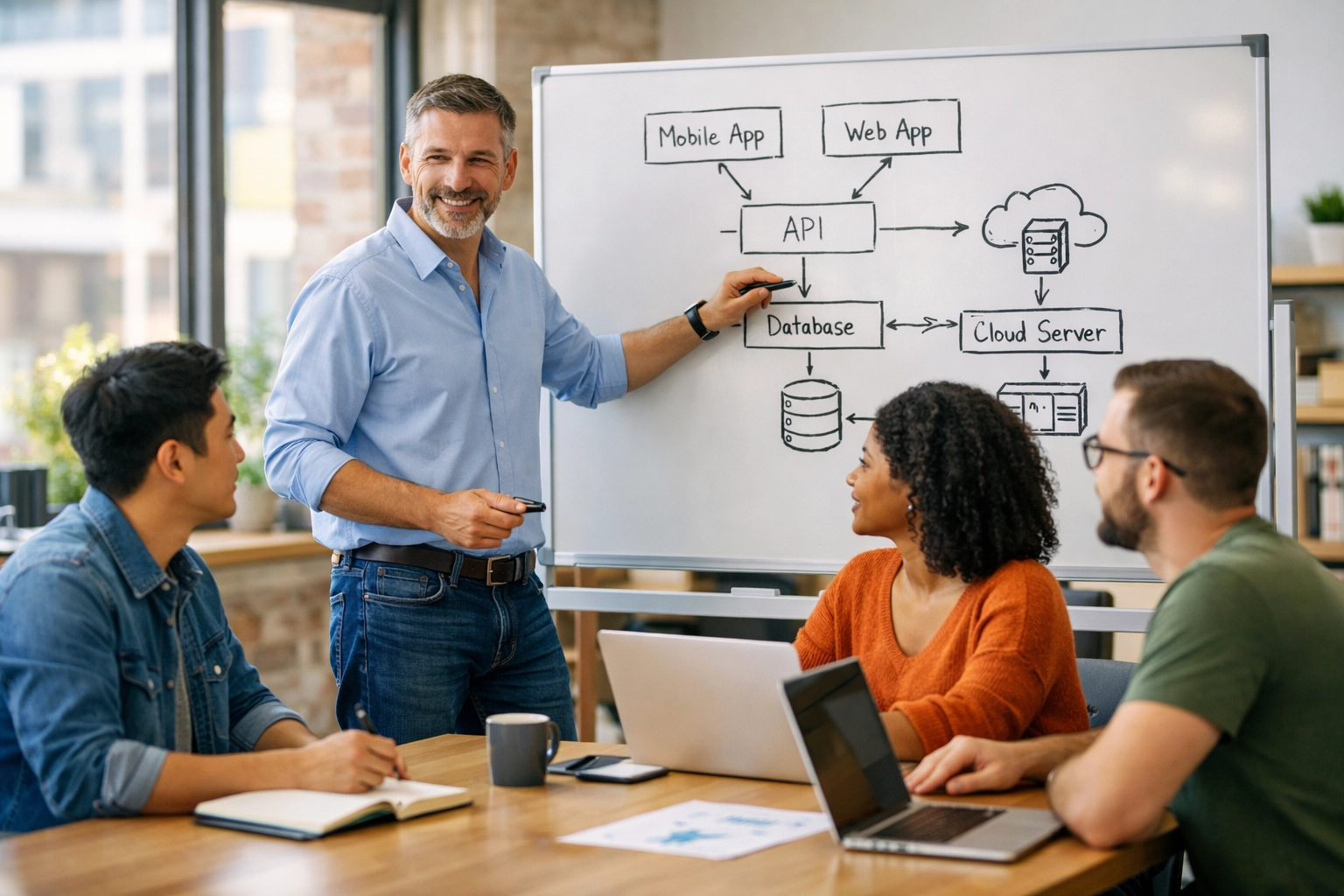 Fractional CTO leading startup team strategy session at whiteboard