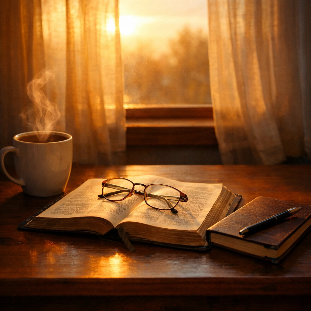 Peaceful morning prayer setup with open Bible, coffee, and journal at sunrise