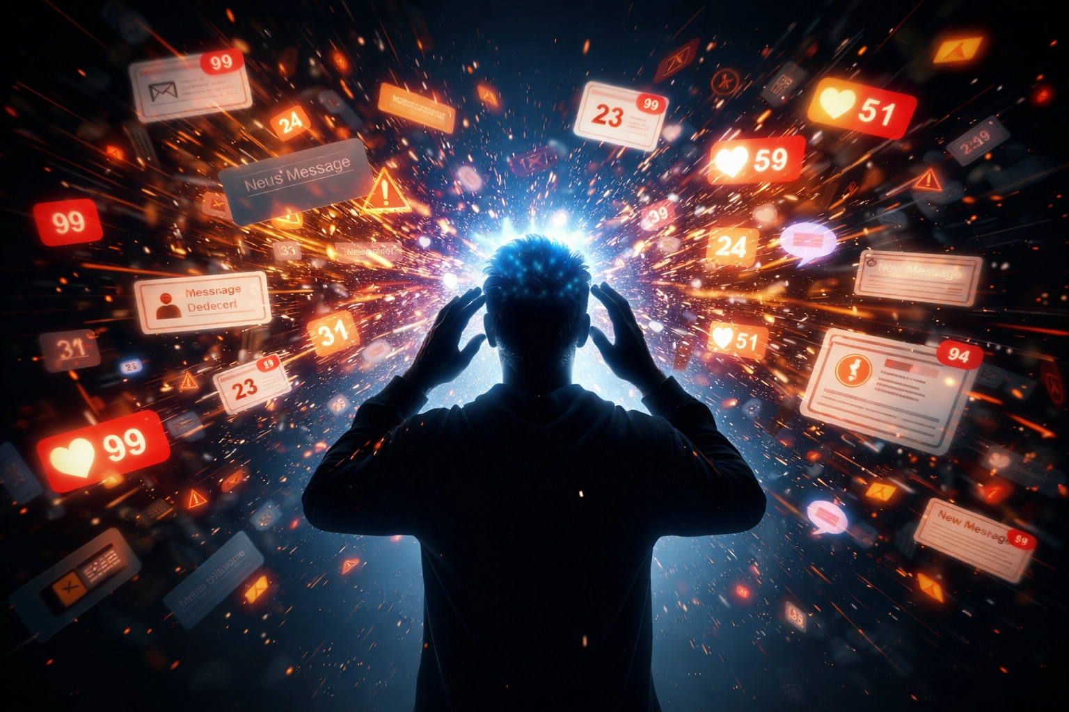 An overwhelmed person surrounded by digital notifications, representing AI-driven distractions and focus challenges.