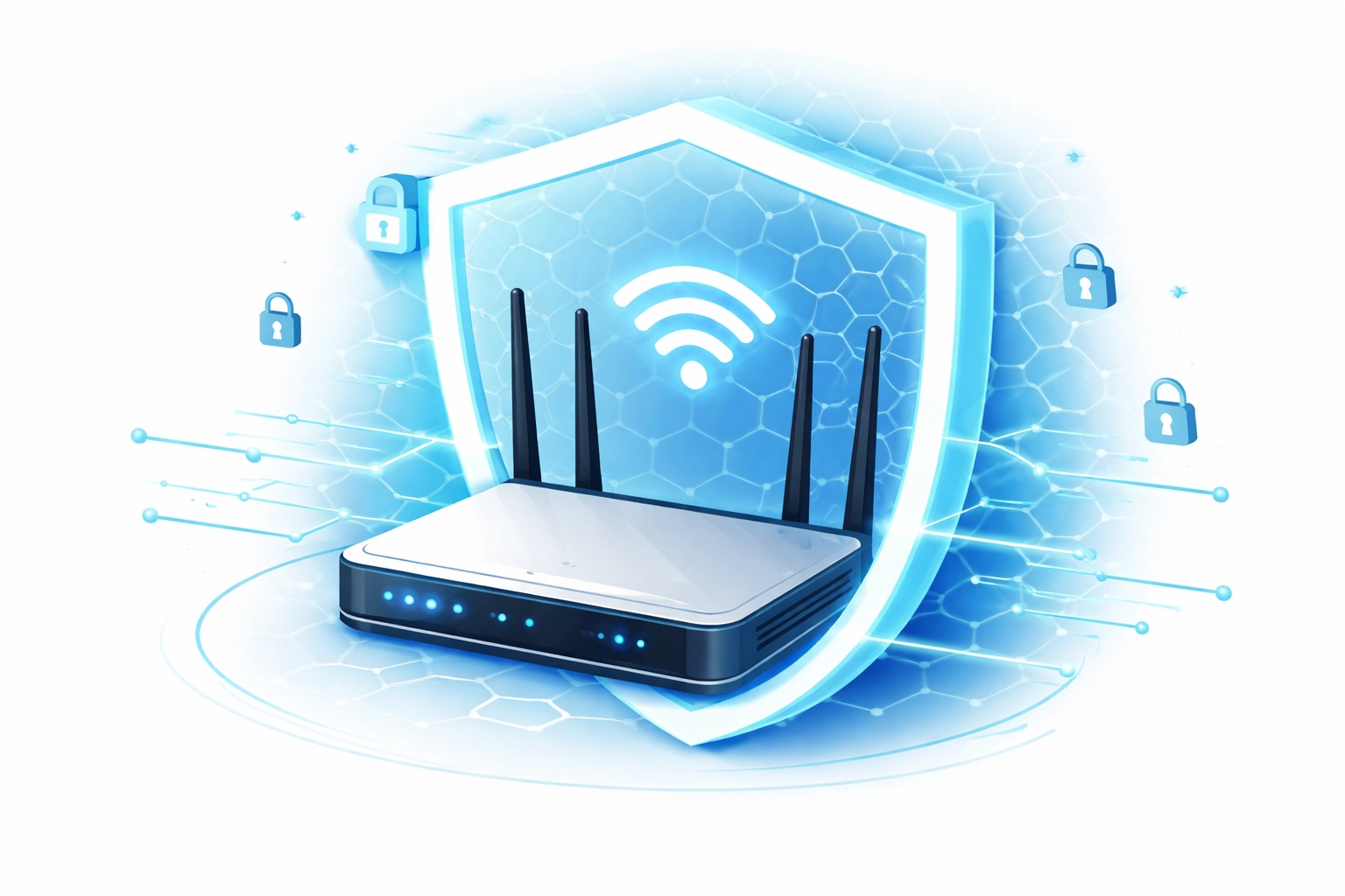Wi-Fi router shielded by a protective barrier, symbolizing secure networks and small business cybersecurity