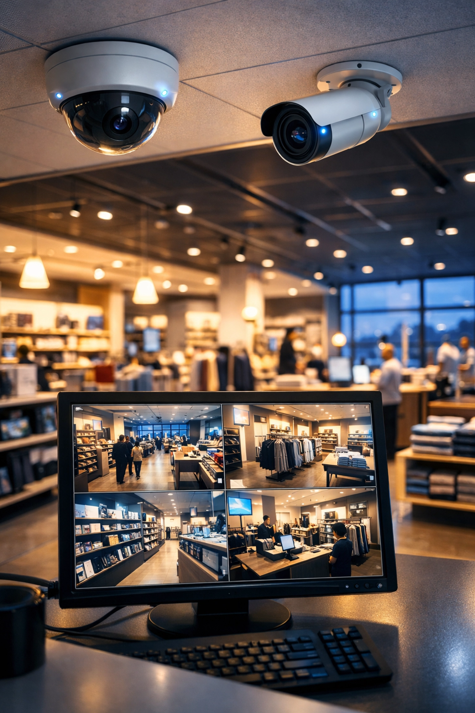 Modern retail store with AI security cameras and surveillance monitors for loss prevention