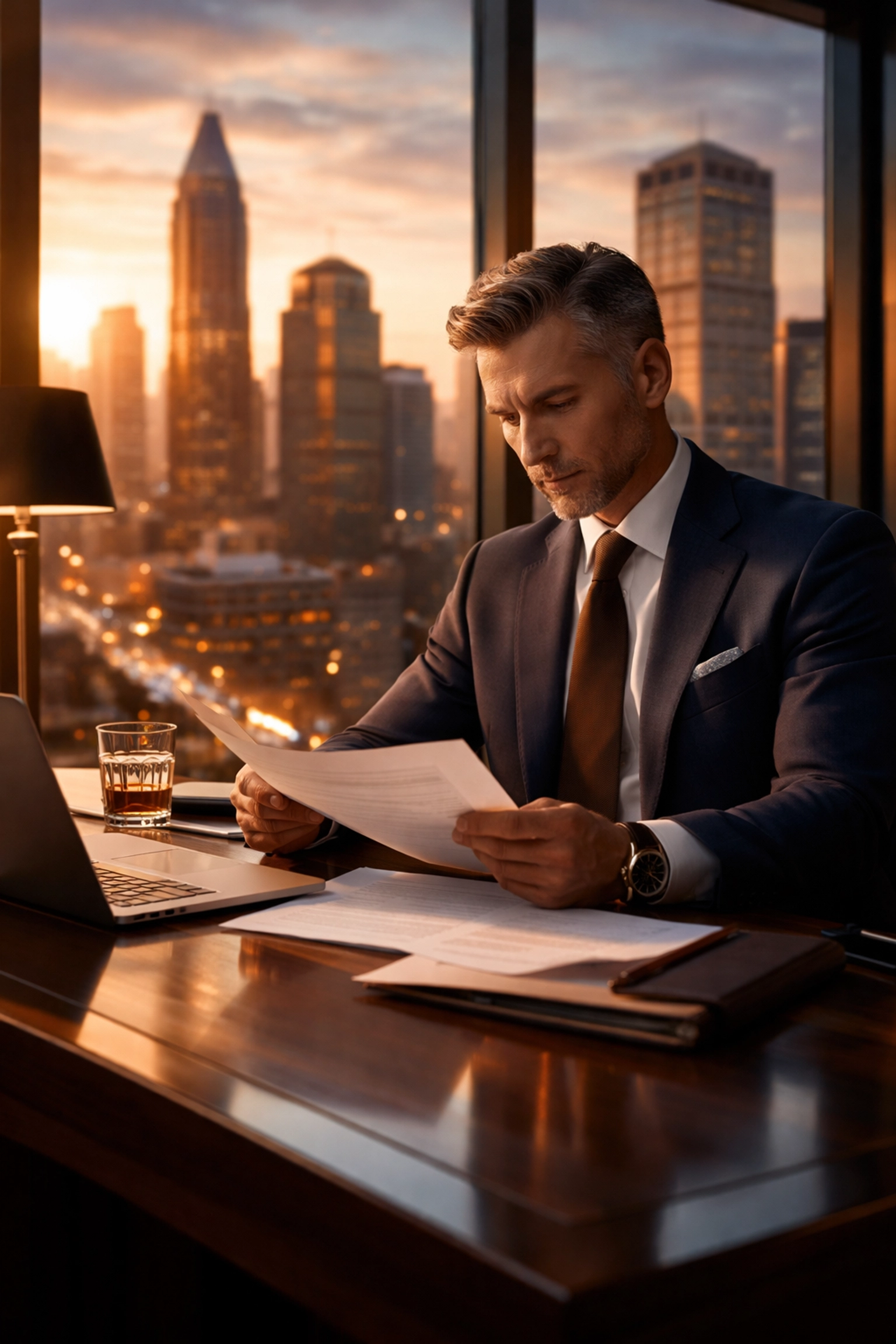 Sophisticated investor reviewing documents in modern office, representing accredited investor qualifications and wealth.