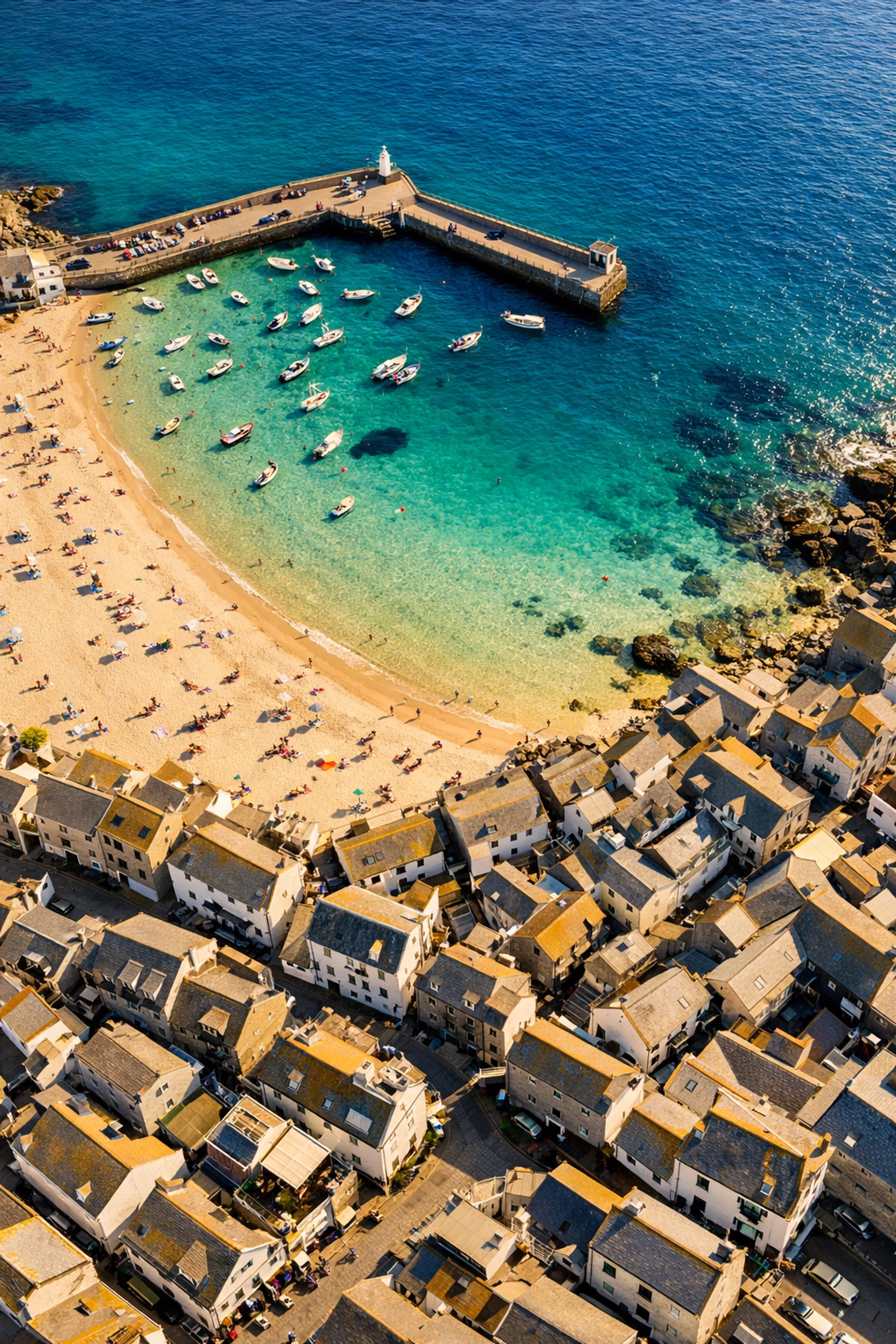 Aerial view of St Ives harbour showing turquoise Atlantic waters and traditional Cornish cottages