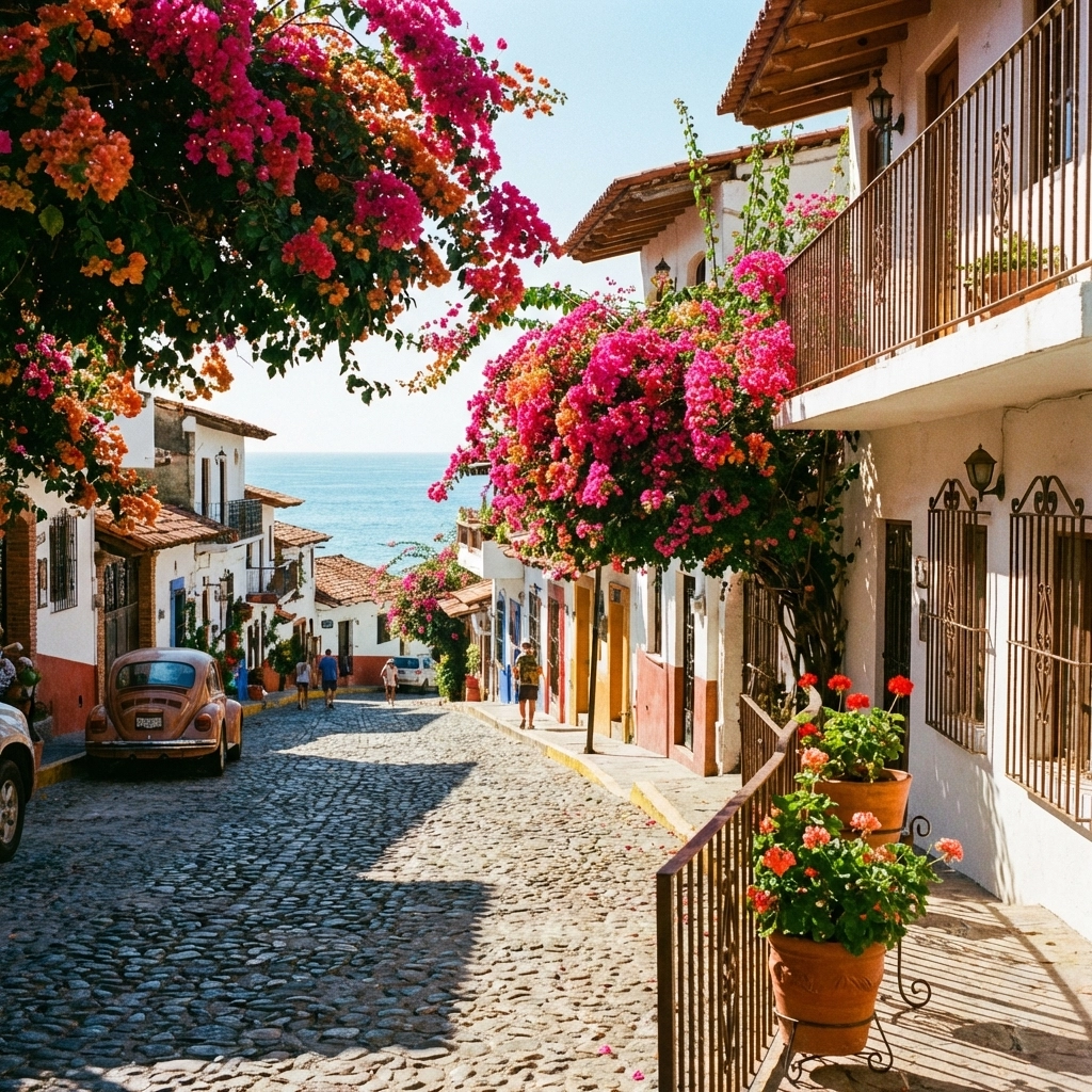 Colorful cobblestone street in Amapas, Puerto Vallarta with ocean view and traditional Mexican architecture