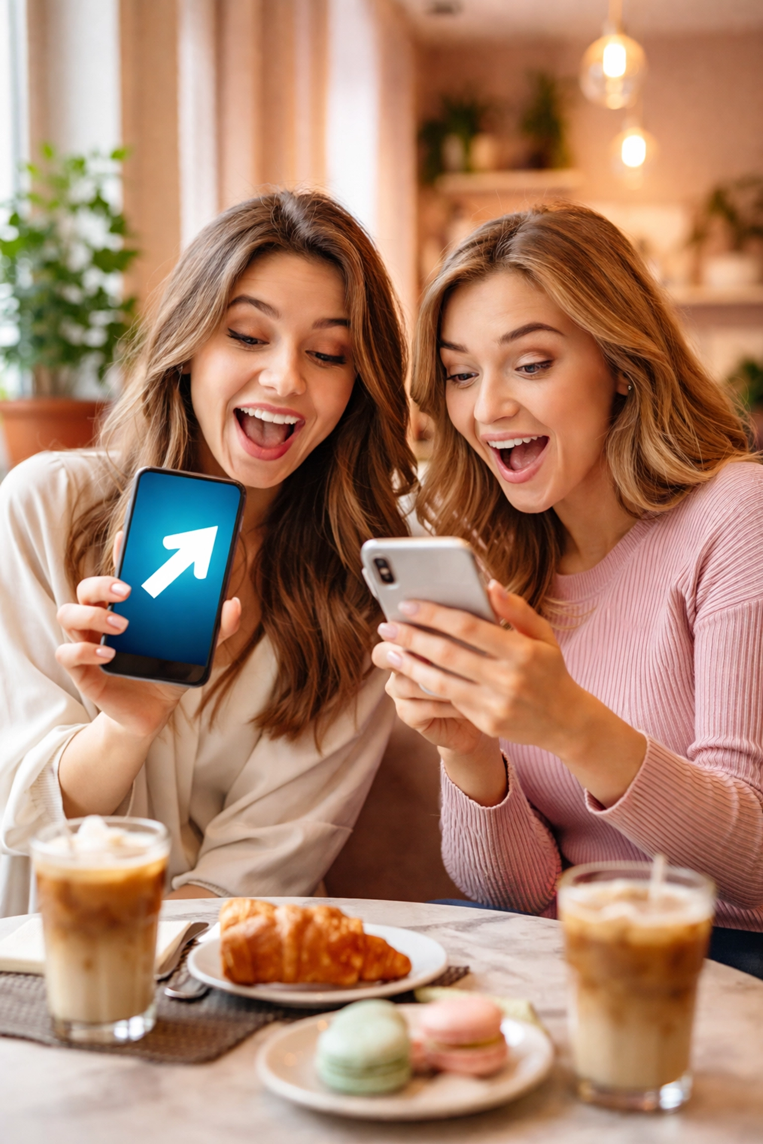 Two women at a café react to a viral post, highlighting the value of saves and shares on social media.
