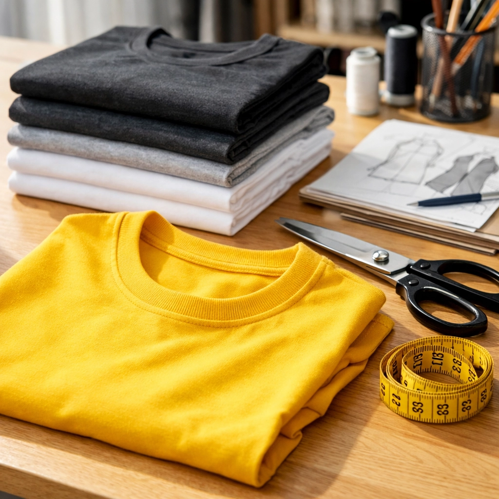 Professionally folded bulk custom t-shirts in a design workspace ready for retail distribution.