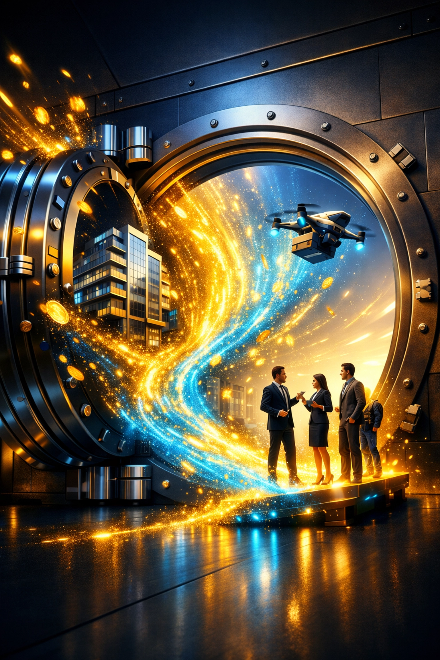 Larecoin merchant growth and financial freedom with zero platform fees visualized through an open digital vault.