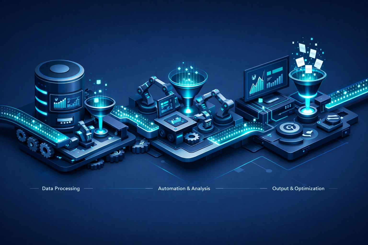 Custom Software Development 101: A Small Business Owner's Guide to Getting Started 4 Streamlined workflow automation pipeline showing three stages of business process optimization