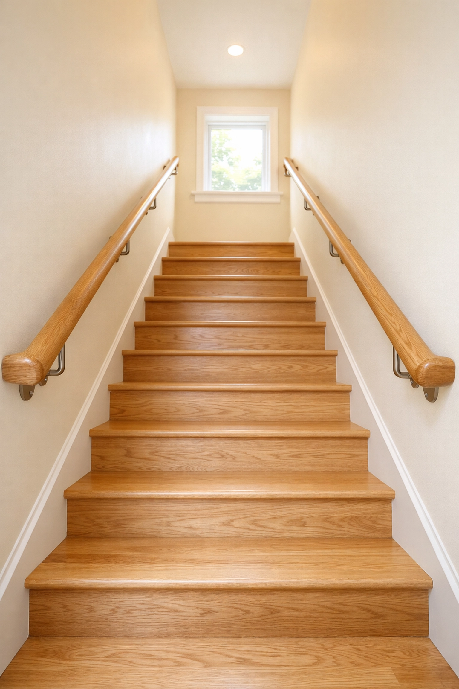 A sunlit oak staircase with sturdy wooden handrails on both sides to enhance balance and fall prevention.