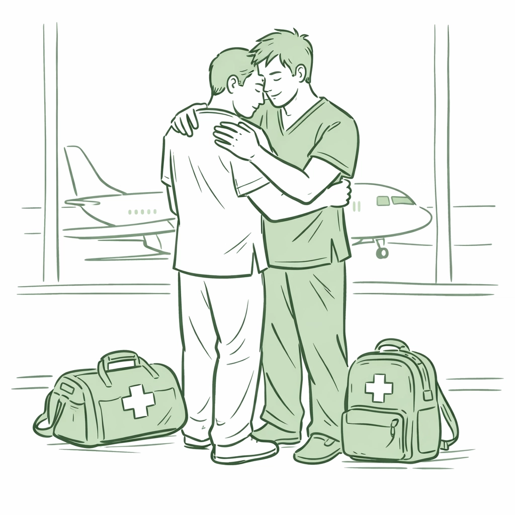 Gay doctors embracing at airport before international LGBTQ+ medical mission