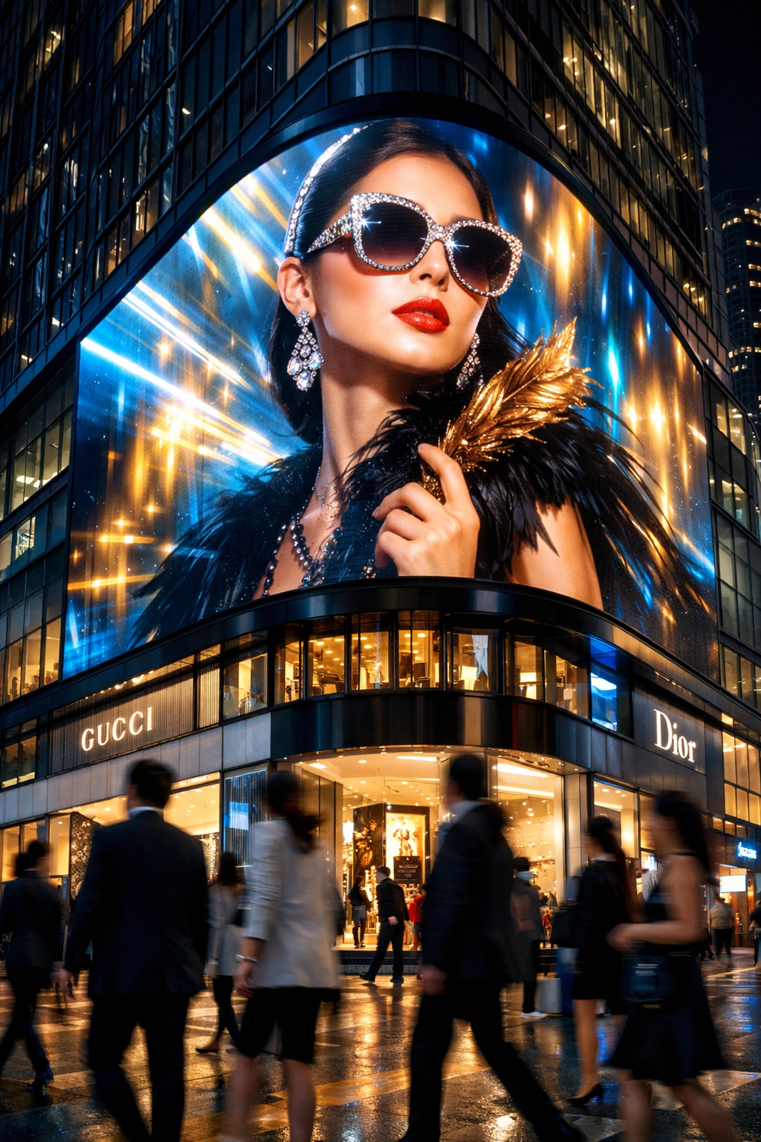 Large-scale curved digital billboard in a Hong Kong luxury shopping district at night.