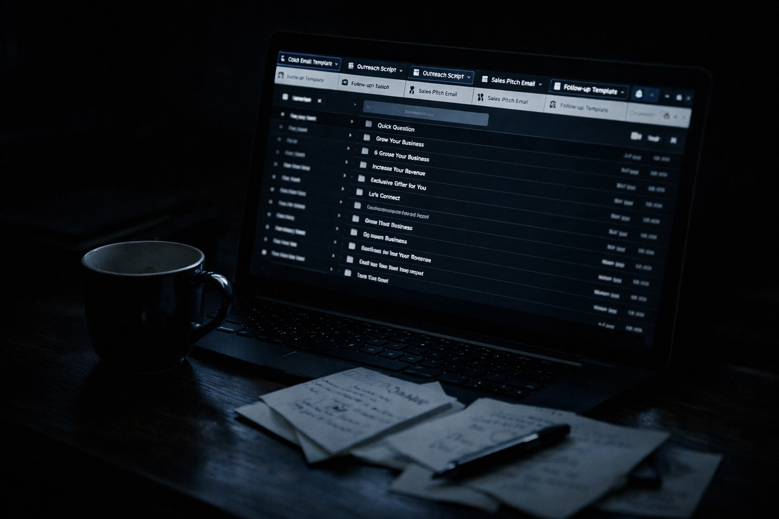 Founder working late on cold email templates considering contract SDR vs in-house hiring