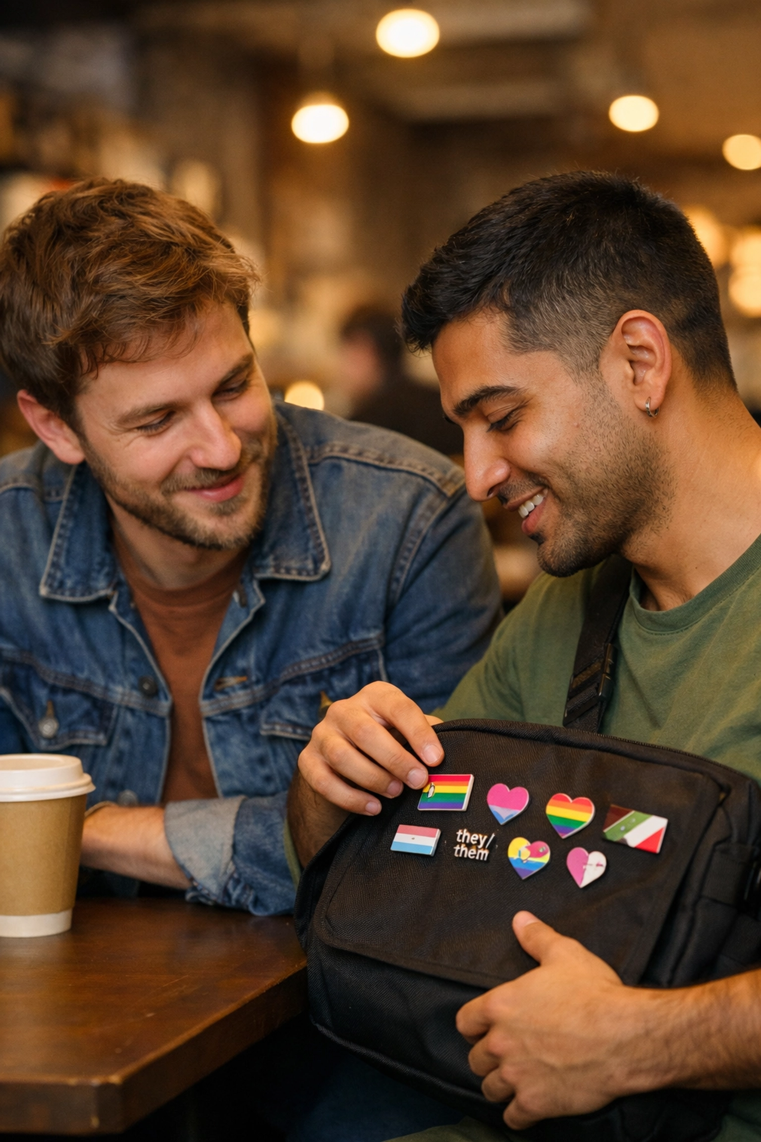 Two gay men connecting over pride enamel pins at coffee shop