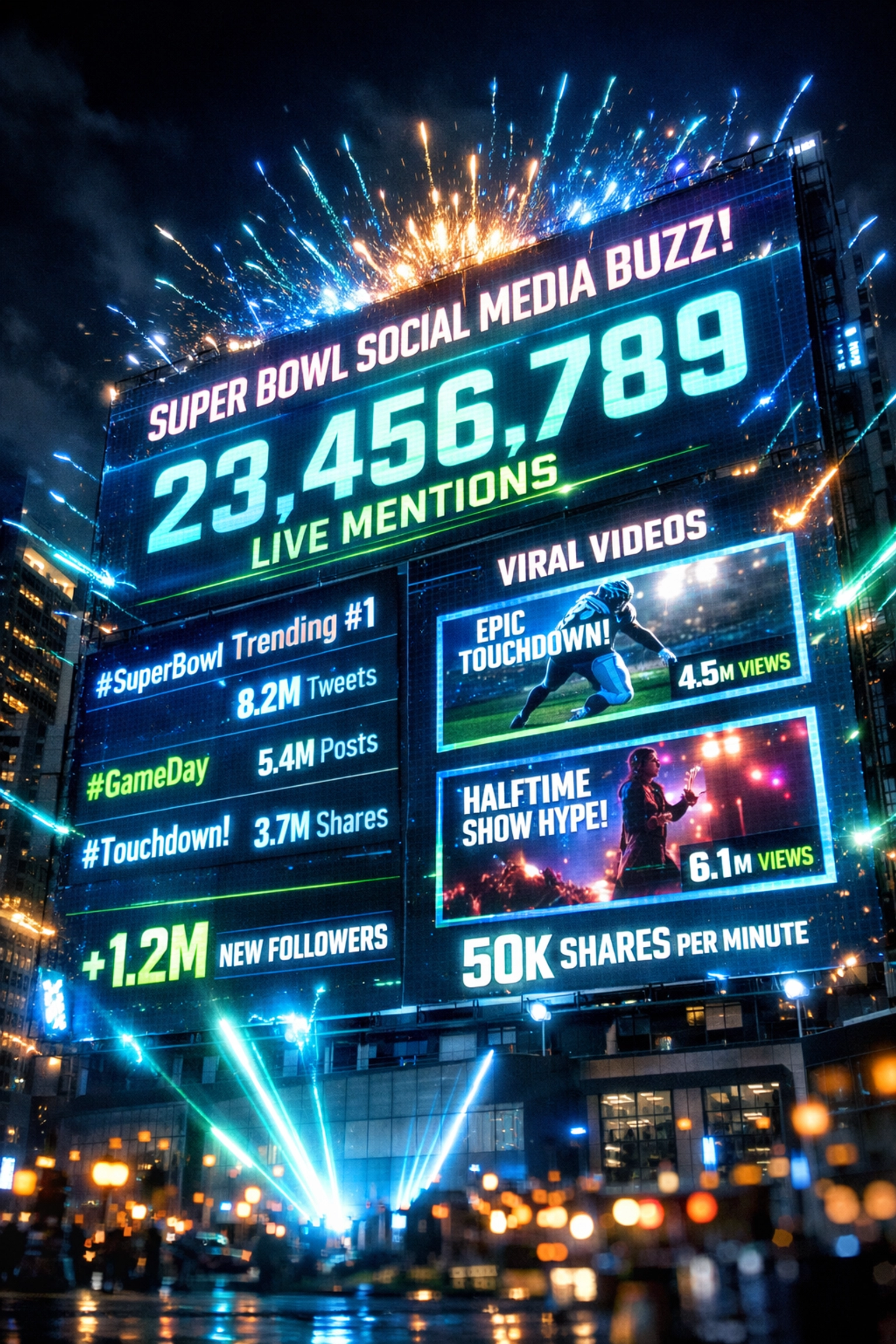 Digital billboard showcasing Super Bowl social media engagement metrics and viral marketing performance data