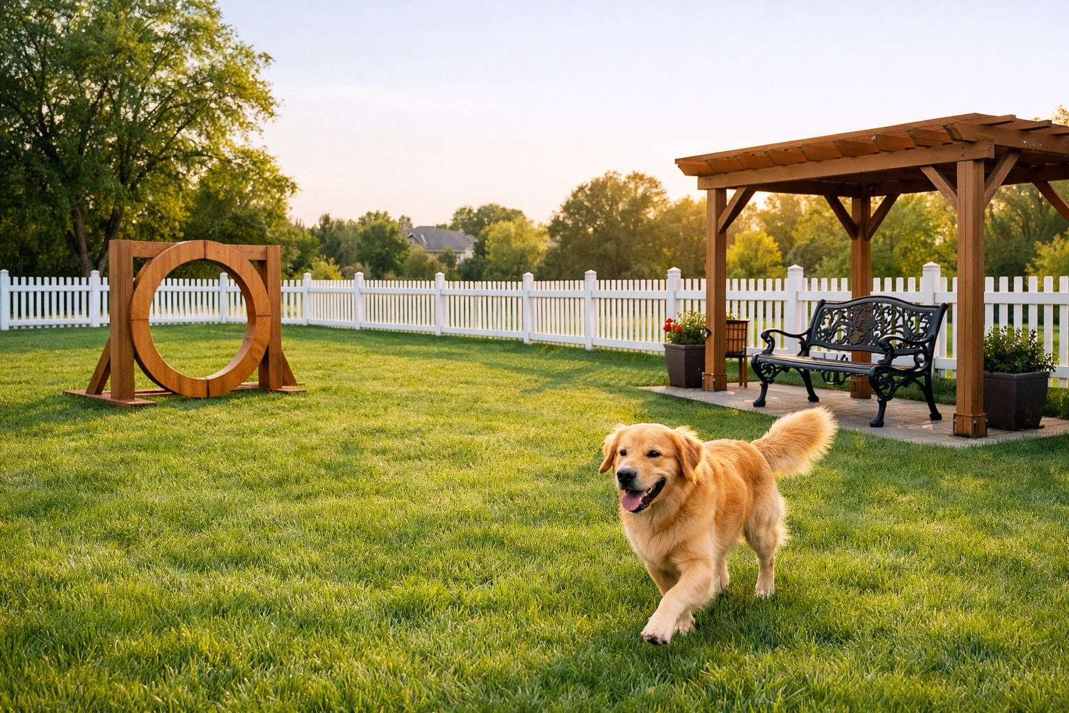 Private fenced-in dog park with lush green grass at our pet-friendly community in Terrell.