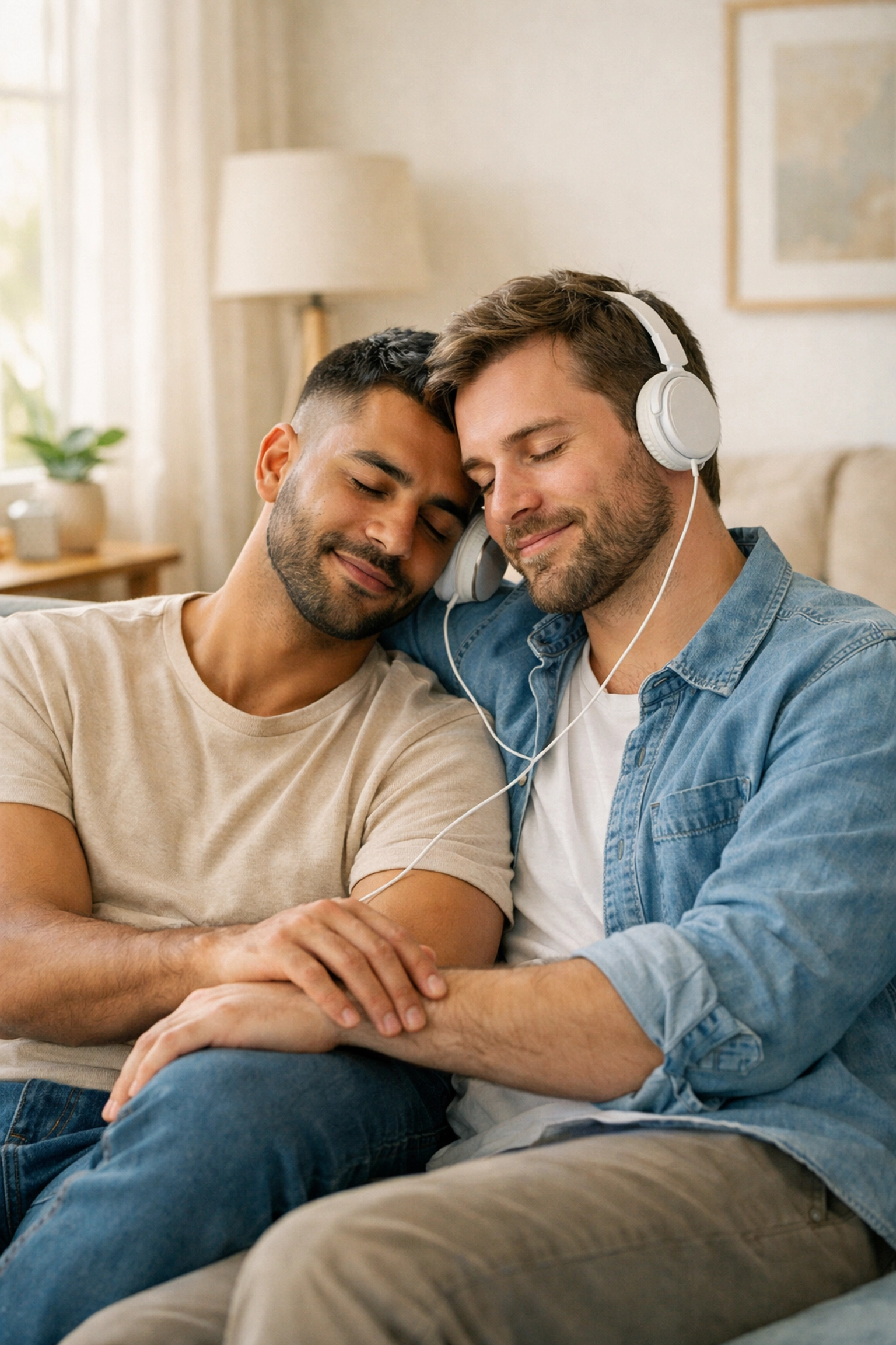 Two men sitting on a sofa sharing headphones, illustrating emotional connection in MM romance.