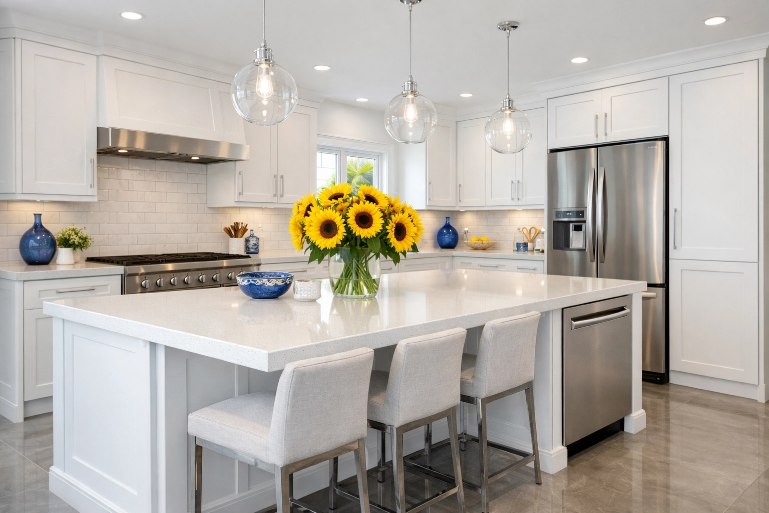A clean, luxury kitchen with a built-in trash compactor and modern white cabinetry.