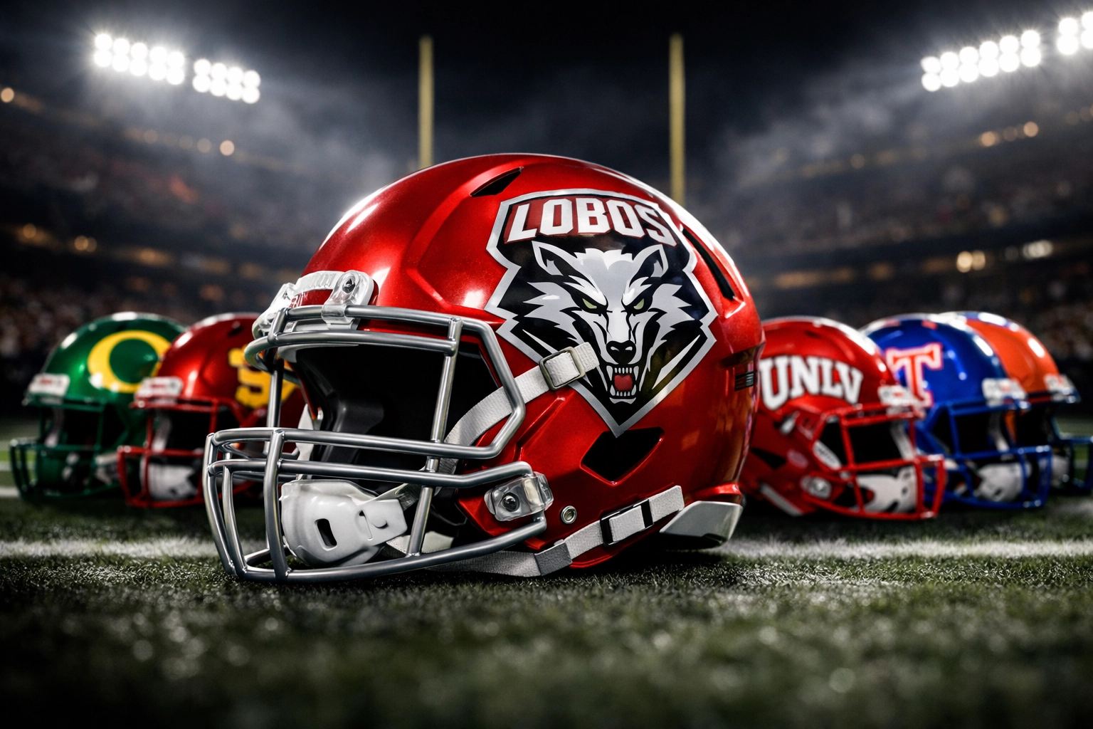New Mexico Lobos helmet surrounded by P4 transfer portal program helmets