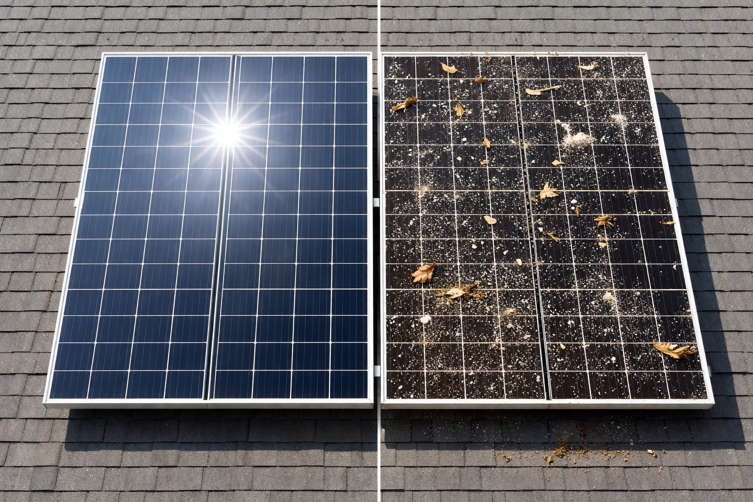 Side-by-side comparison of clean and dirty solar panels showing impact of professional upkeep