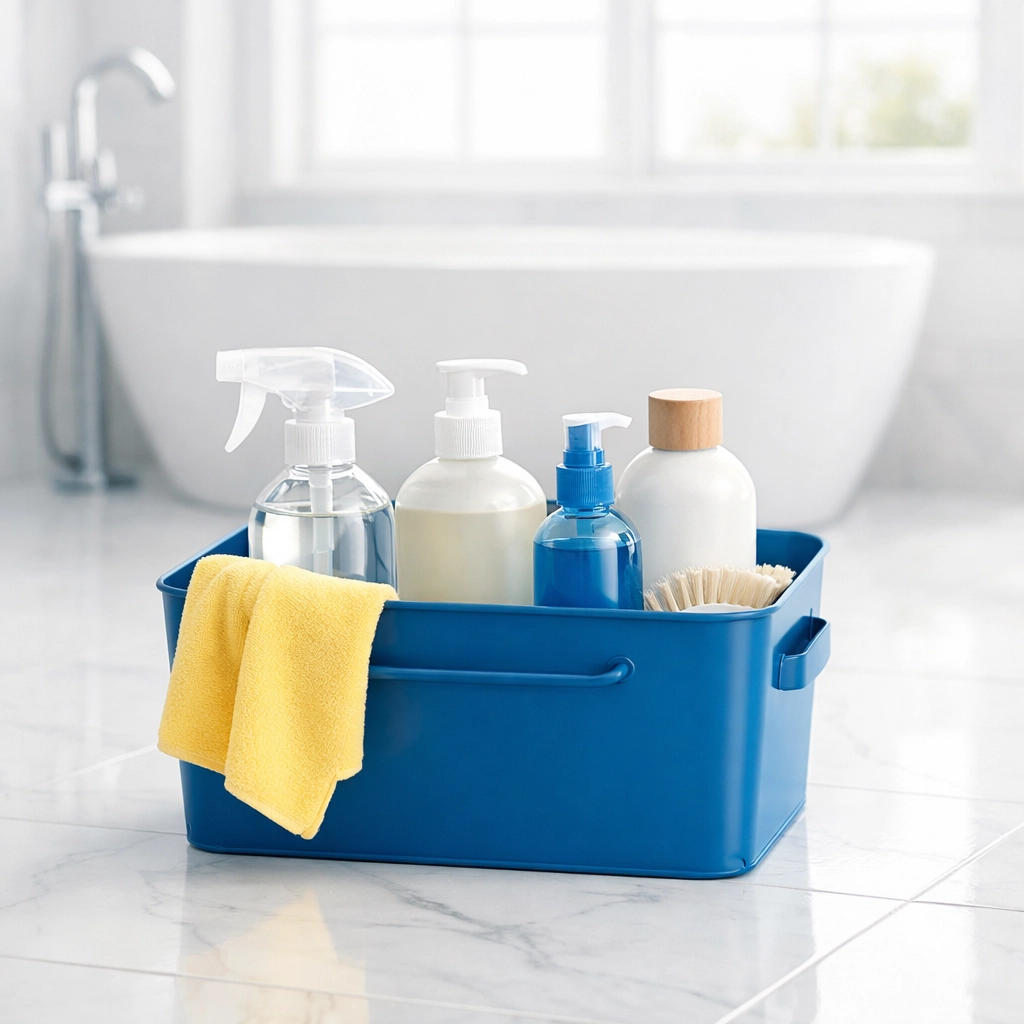 Eco-friendly cleaning products on a marble bathroom floor, highlighting the best residential cleaning in Marblehead.