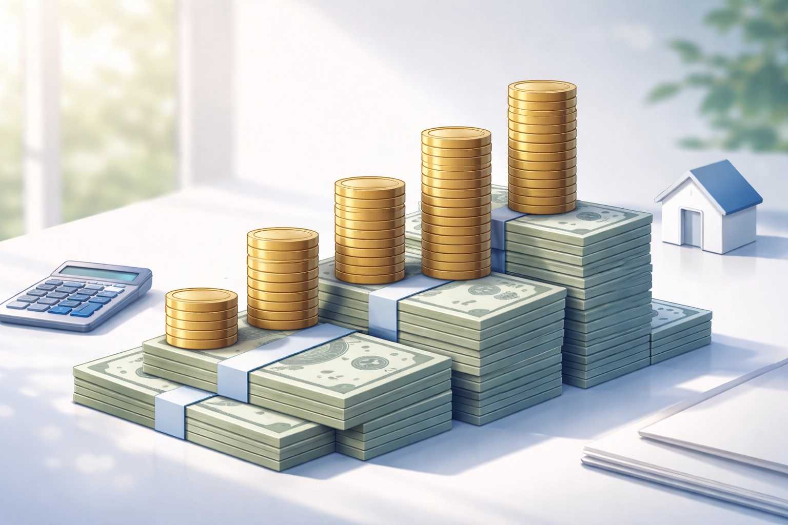 Illustration of stacked coins and bills on a desk, representing tiered title insurance rates comparison