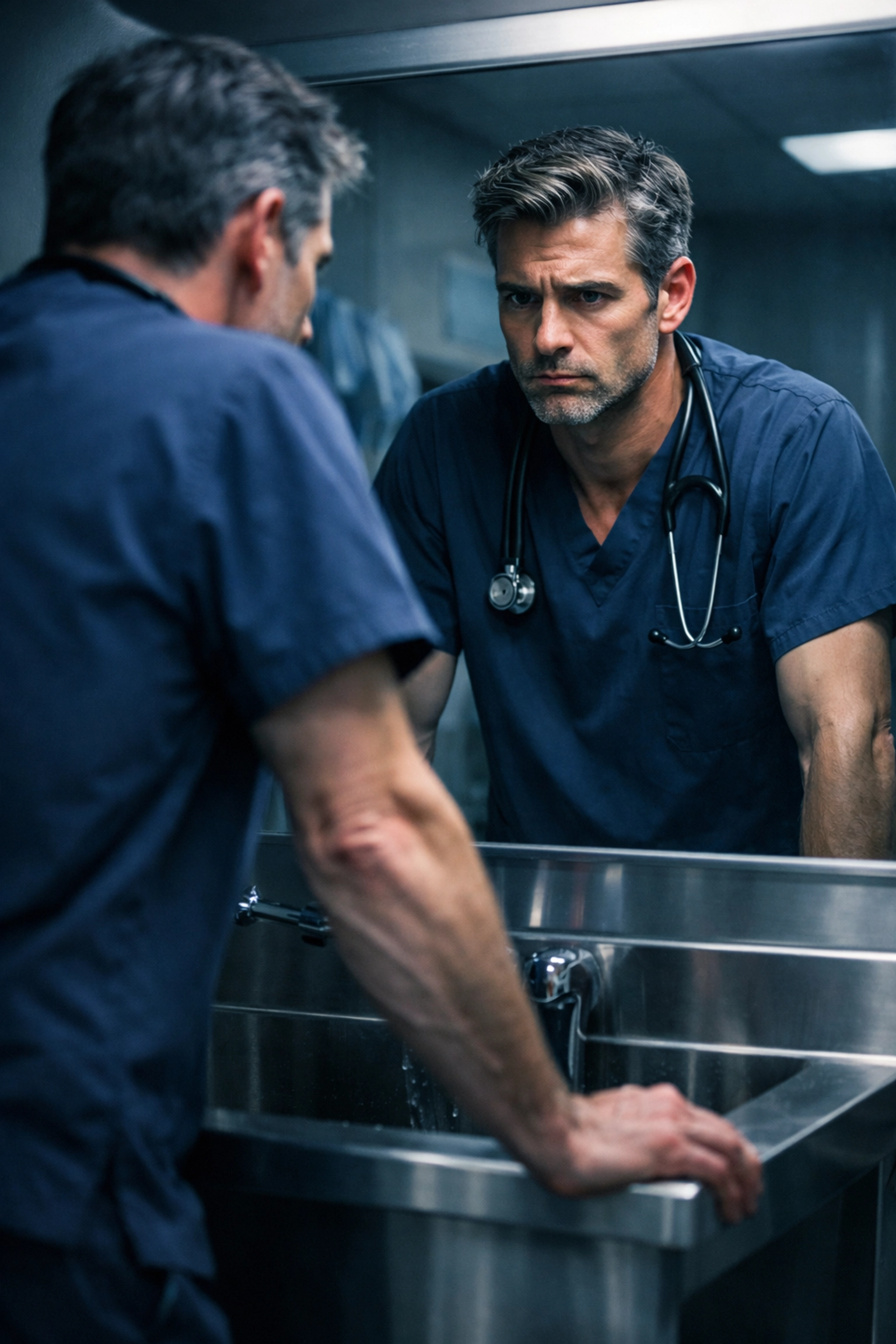 A grumpy surgeon in dark scrubs, reflecting the emotional depth of MM contemporary hospital romance books.