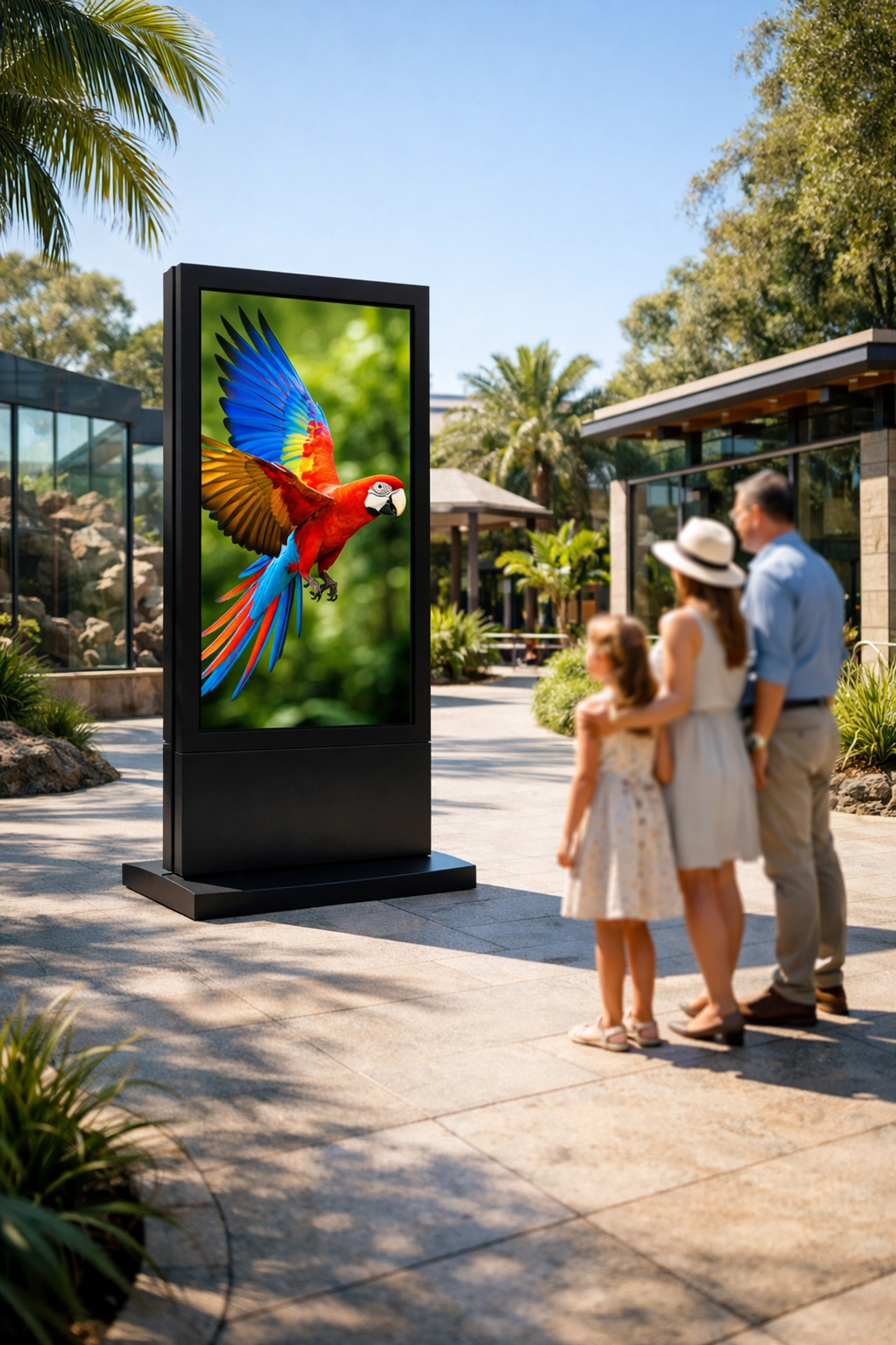 Vibrant digital advertising totem at a zoo plaza illustrating effective creative services for brand engagement.