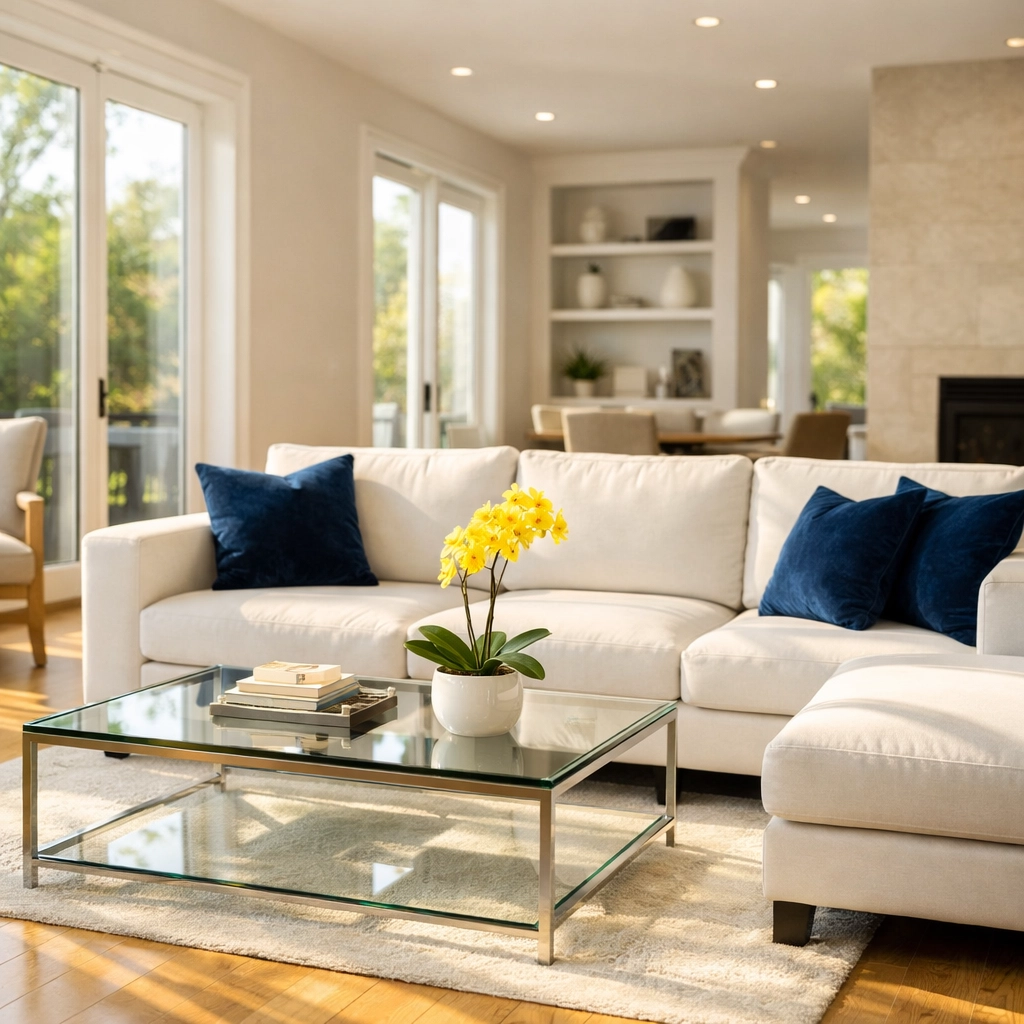 Sun-drenched, organized Wayland living room showing the peace of a weekly house cleaning reset.