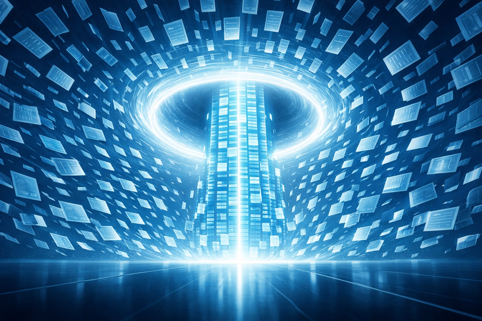 High-tech data shards being organized into a structured pillar by a sophisticated AI data matching engine.