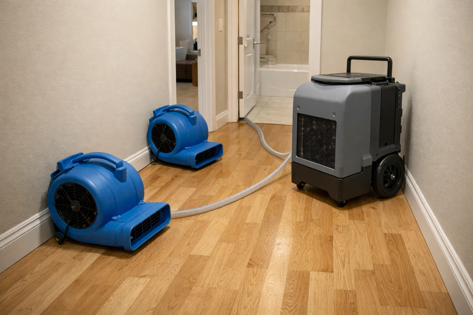 Professional water damage restoration equipment including air movers and a dehumidifier in a Charlotte home.