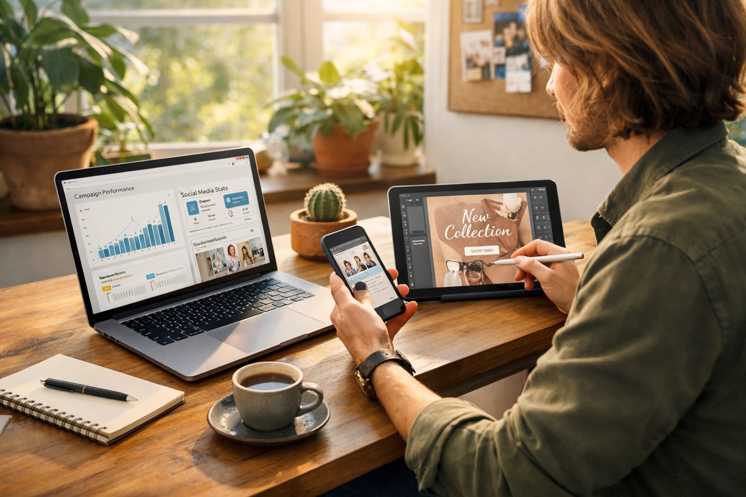 A creative professional using multiple digital devices to execute a resilient multi-channel marketing strategy.