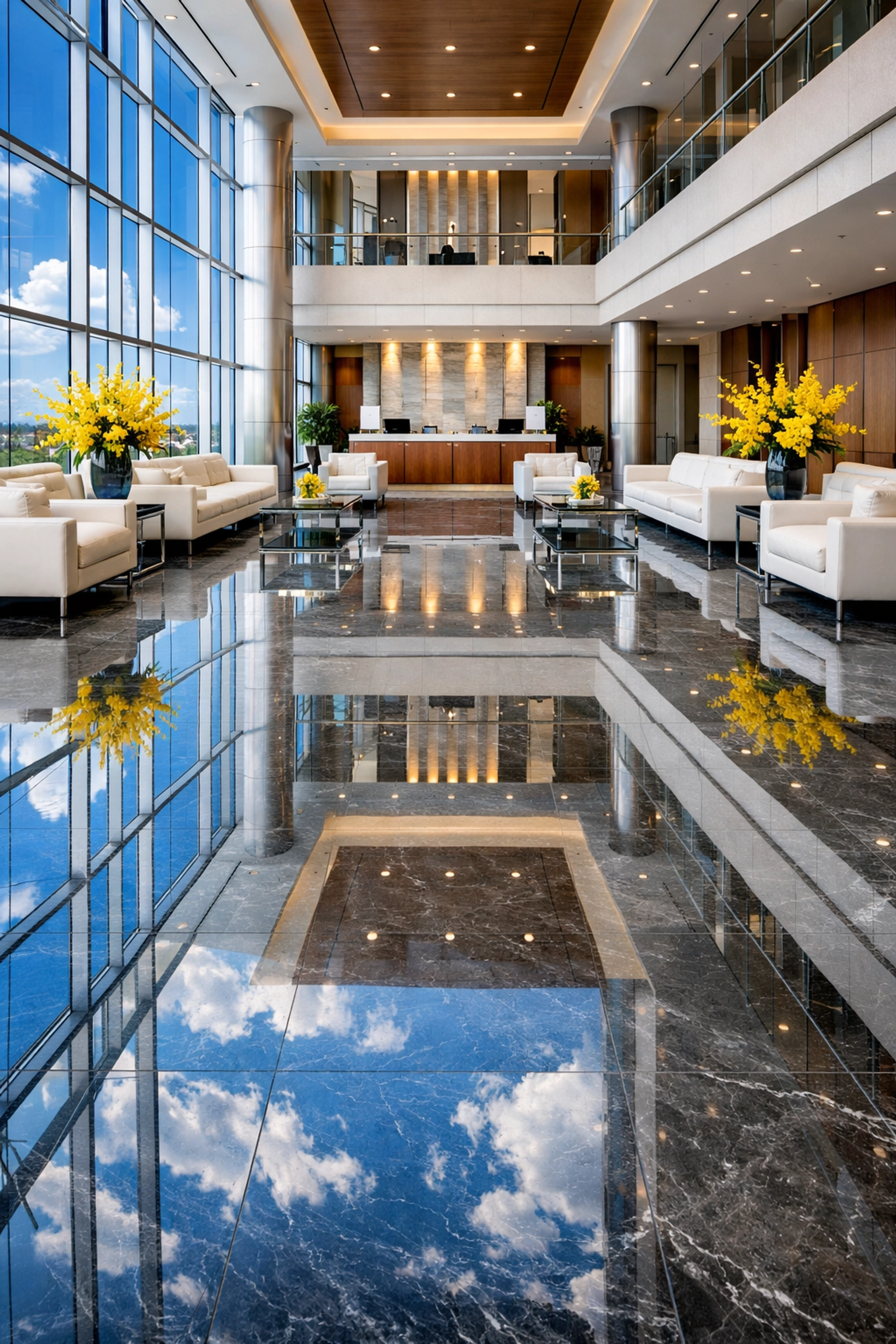 A luxury corporate lobby with polished marble floors, demonstrating the high standards of The Cleaning Ninjas.