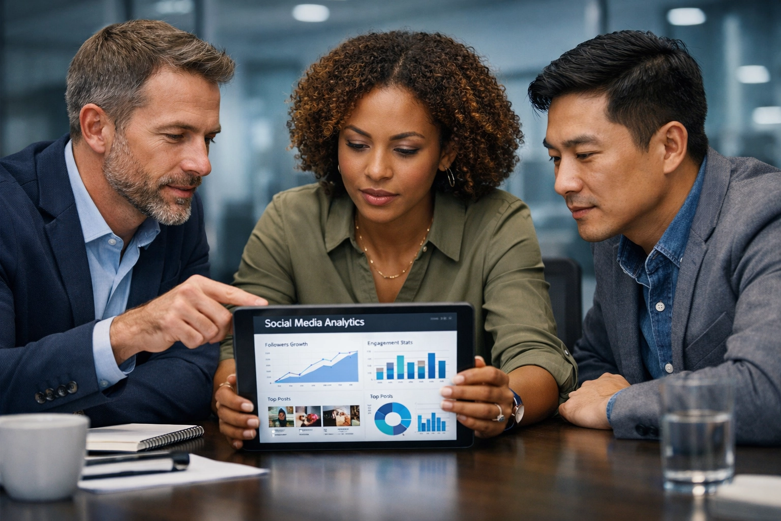 Small business team reviewing social media management analytics together