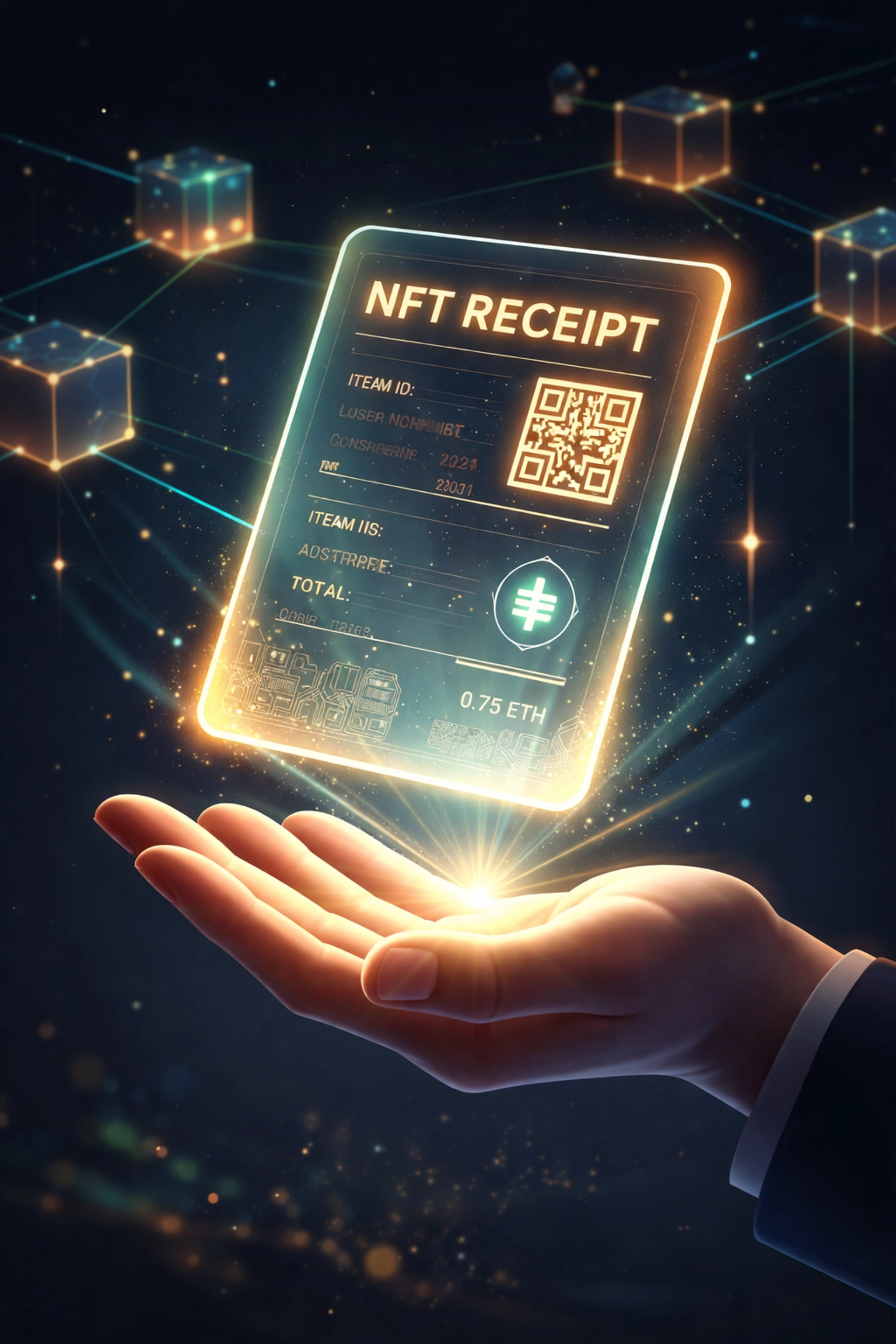 Glowing NFT receipt symbolizing secure, blockchain-verified proof of crypto payments and merchant transactions
