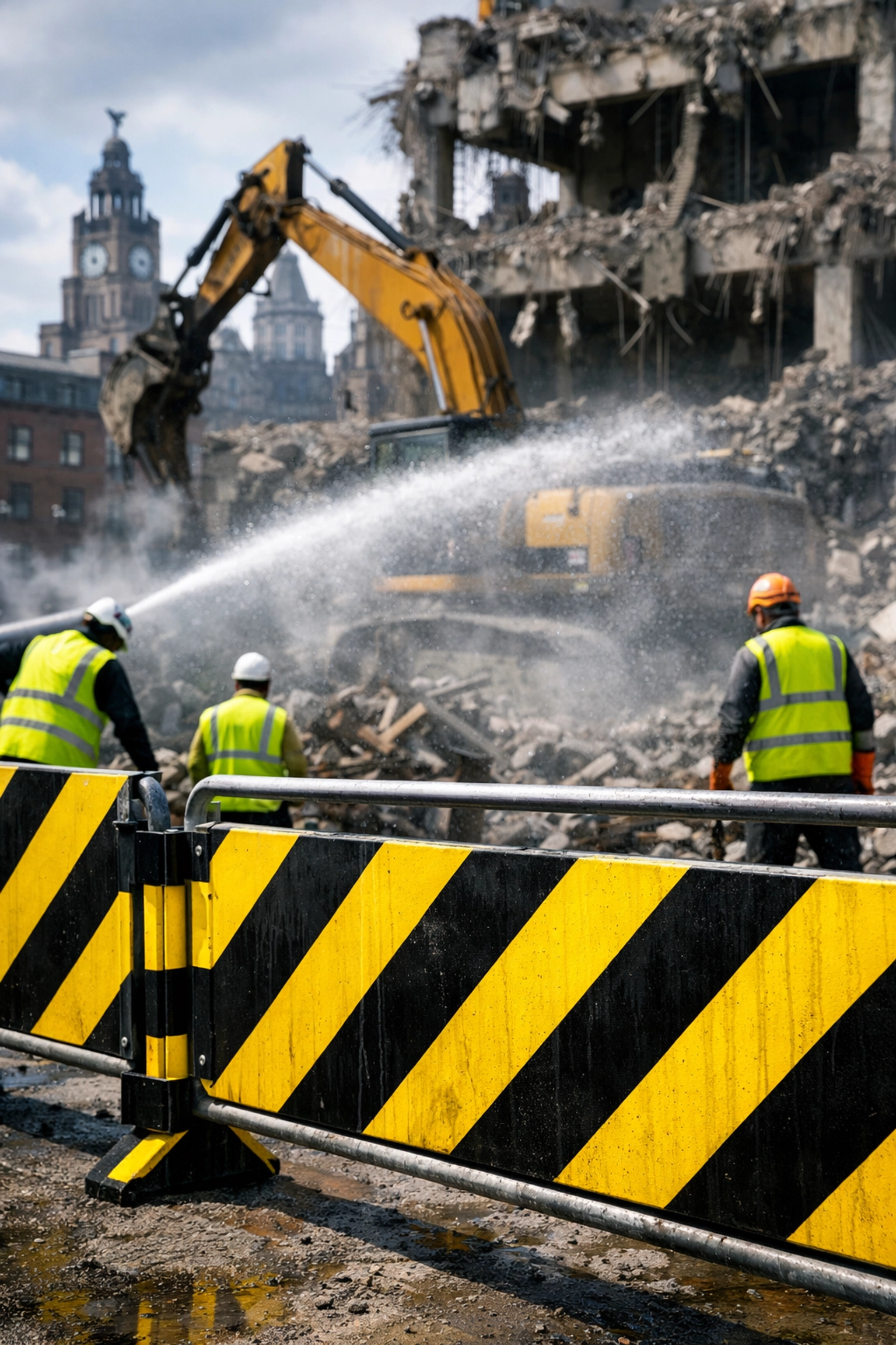 Liverpool demolition site with safety barriers and dust suppression measures
