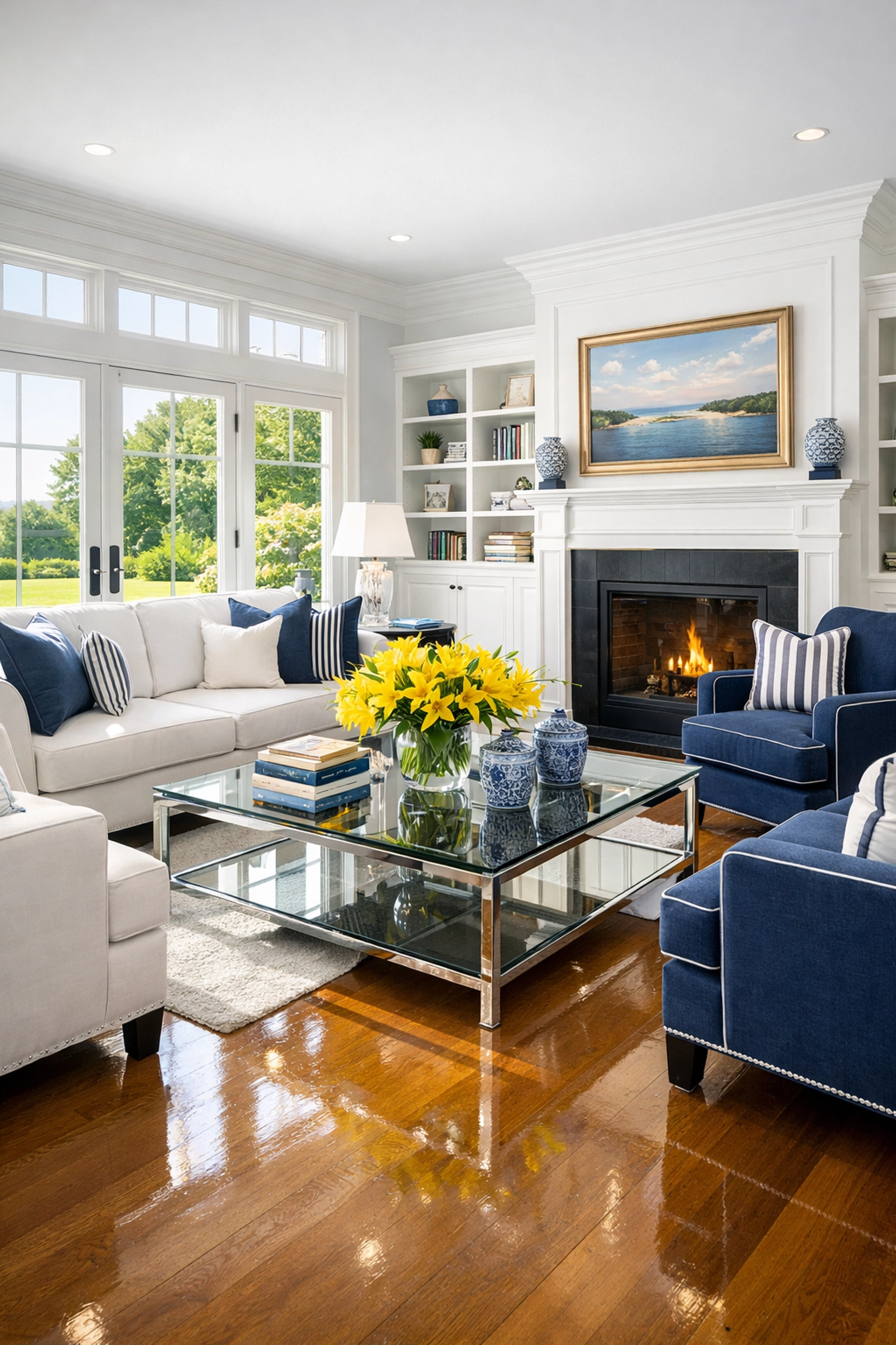 Pristine Mashpee living room with polished floors from a weekly house cleaning service.
