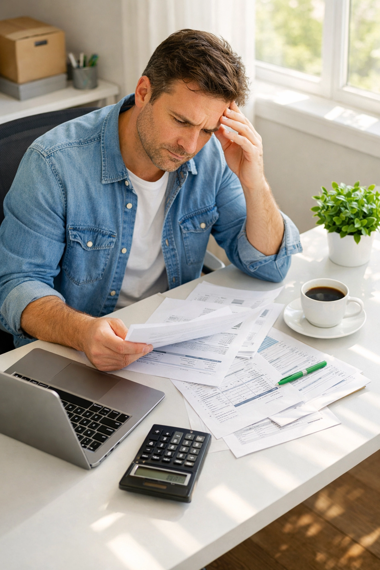 Small business owner reviewing financial documents to assess fraud risk