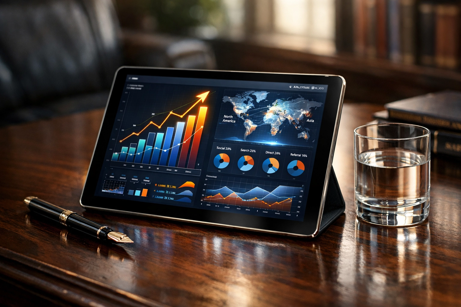 The Ultimate Guide to Super Bowl Sports Marketing: Everything You Need to Succeed An executive tablet displaying a marketing analytics dashboard for tracking sports campaign ROI.