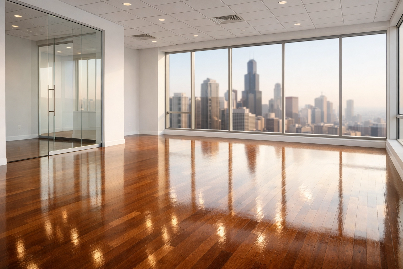 Polished hardwood floors in a sun-drenched Chicago office suite ready for new tenant turnover.