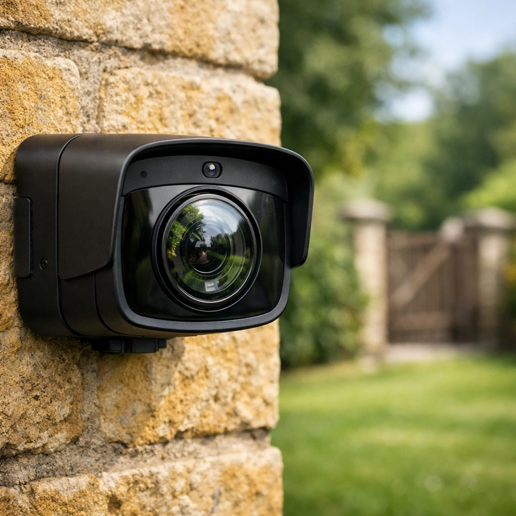 Sleek NVR IP security camera mounted on a gold Bath stone wall for home monitoring.