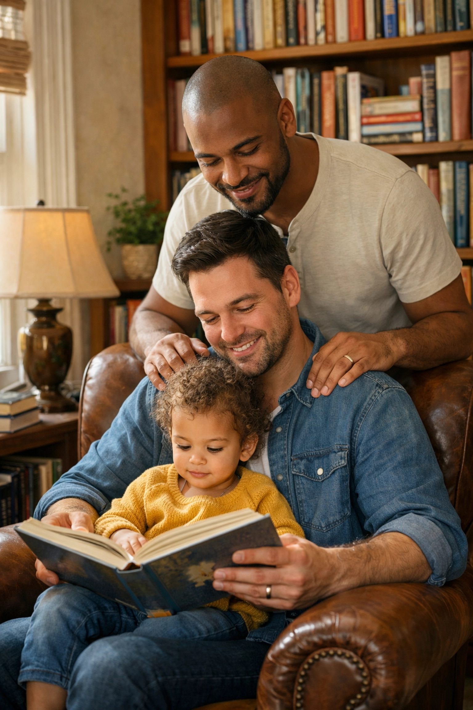 A gay couple reading to their child, illustrating the found family trope in popular MM romance books.